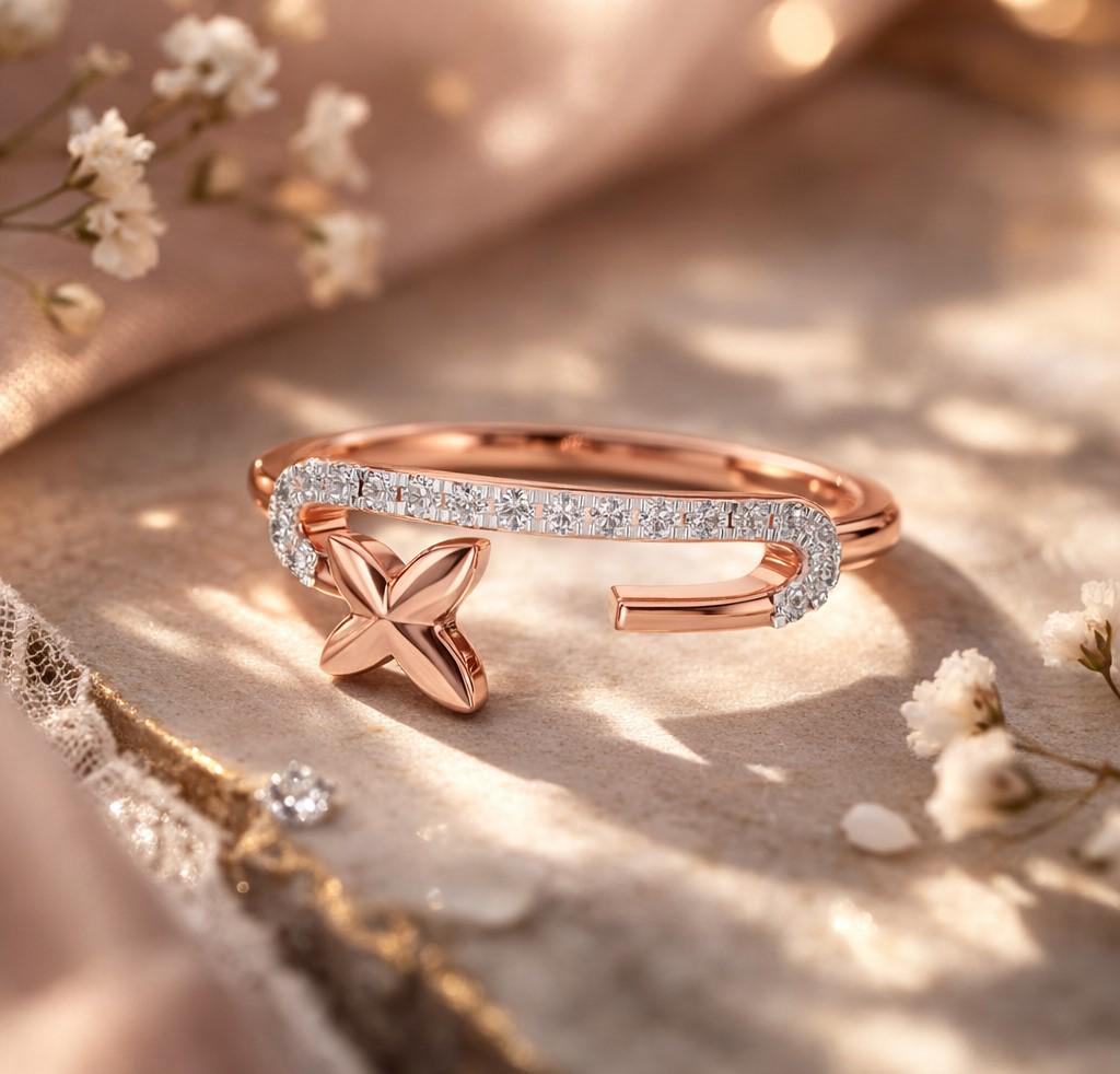 Dainty Butterfly Moissanite ring by Riora featuring an open band design with pavé diamond look in gold, rose, and silver finishes.