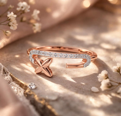Dainty Butterfly Moissanite ring by Riora featuring an open band design with pavé diamond look in gold, rose, and silver finishes.