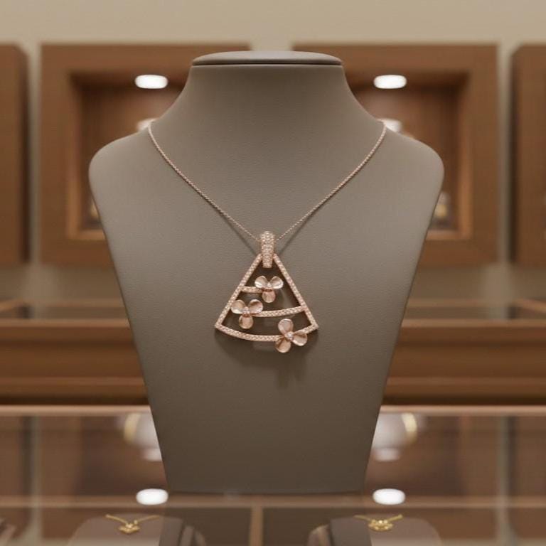 Moissanite Triangle Pendant Necklace in Gold Rose Silver | Floral Geometric Charm | 22in Adjustable Chain