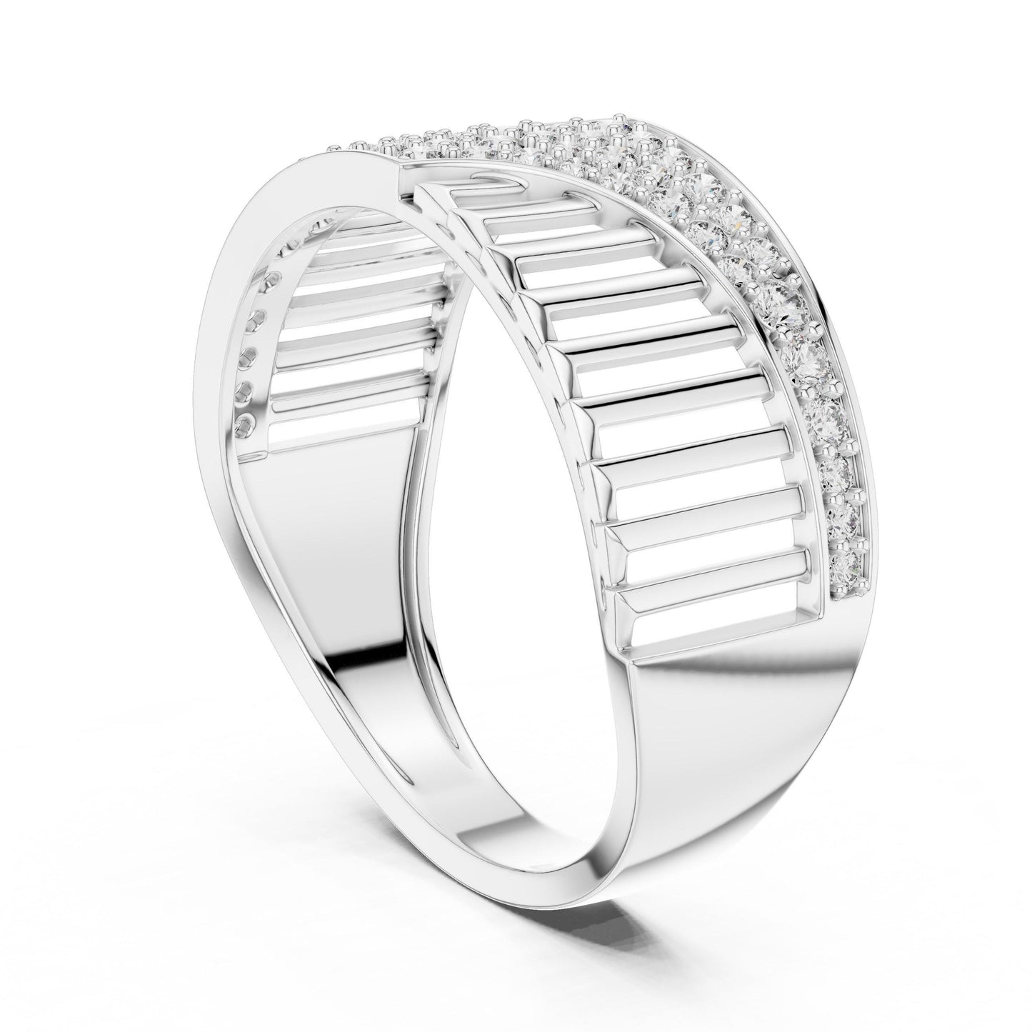 Riora curved CZ wide band ring in gold and silver, modern wedding and anniversary statement jewelry with sparkling cubic zirconia.