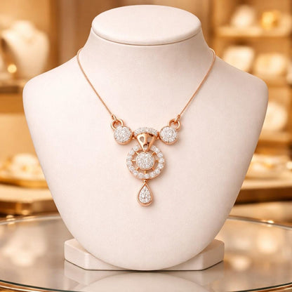 Riora Moissanite Halo Drop Necklace with gold, rose gold, and silver options featuring a bridal diamond-look pendant.