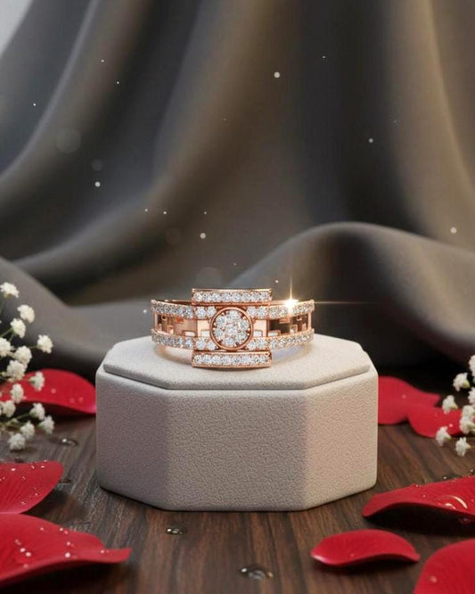 Rose silver luxury CZ halo band ring by Riora featuring sparkling cubic zirconia and a sleek, hypoallergenic design.
