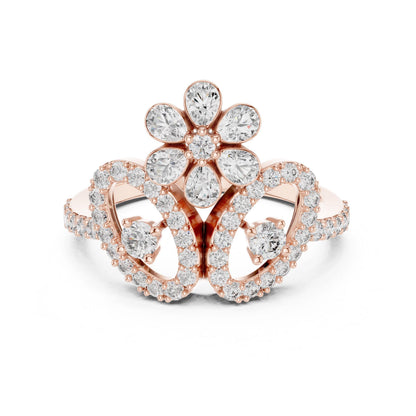 Riora floral halo moissanite diamond crown ring in gold and silver, vintage-inspired bridal engagement promise band