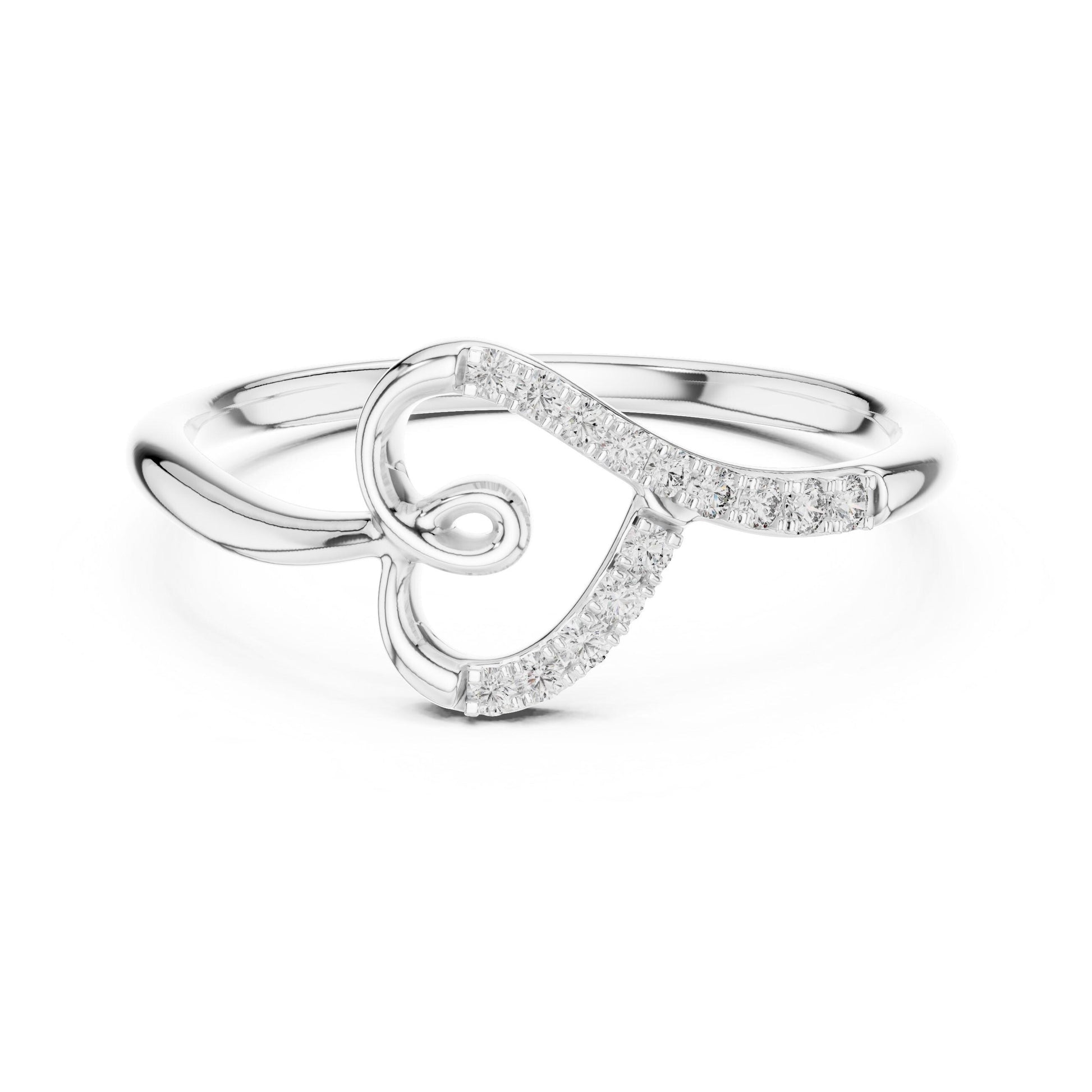 Riora moissanite heart ring with curved diamond band in rose gold and silver, minimalist romantic jewelry design.