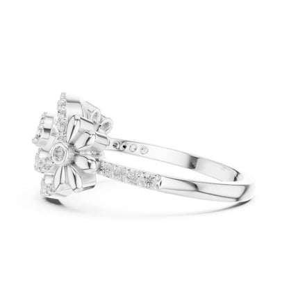 Riora floral swirl moissanite diamond ring in rose gold, vintage-inspired bridal engagement band with intricate floral design.