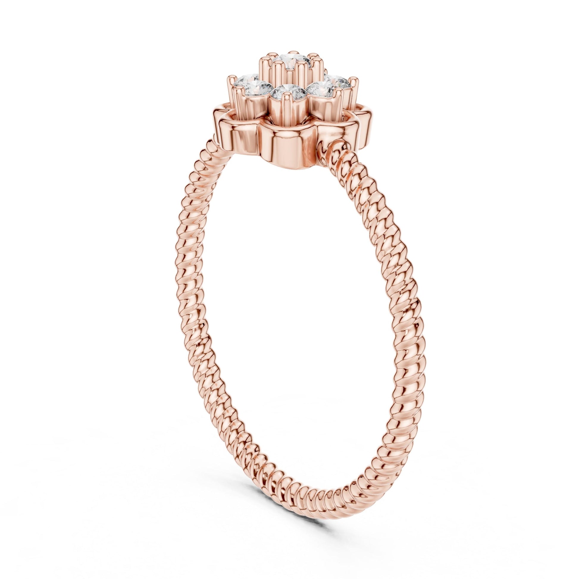 Rose gold floral moissanite diamond cluster ring with vintage flower design, perfect as an engagement or promise band.