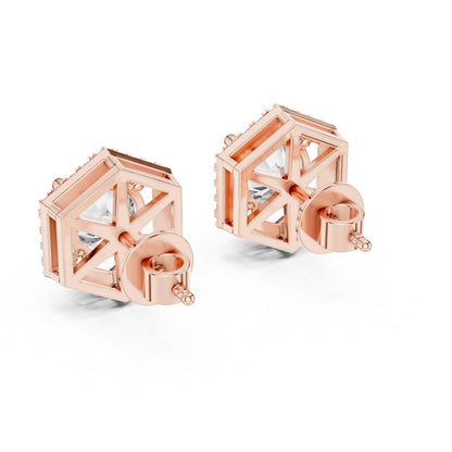 Riora hexagon moissanite diamond stud earrings in rose gold and silver, minimalist geometric dainty jewelry with a modern design.