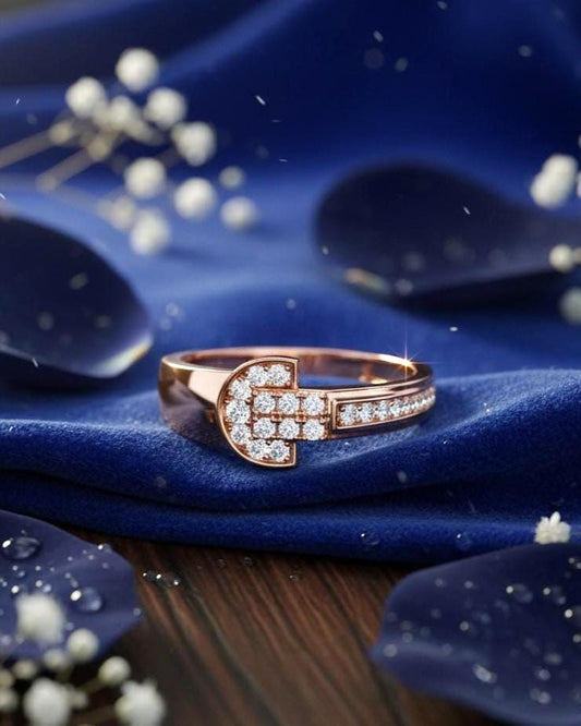 Silver moissanite buckle ring by Riora featuring a minimalist design, elegant statement jewelry for women or bridal occasions.