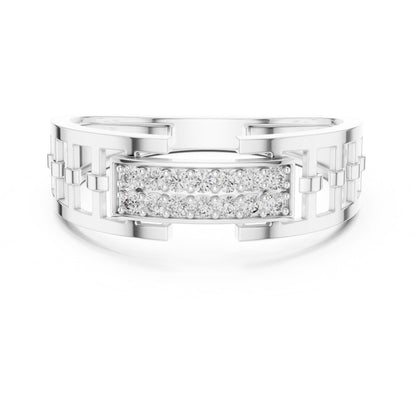 Riora wide CZ link band ring in gold, rose, and silver tones, hypoallergenic statement jewelry for women, perfect for weddings or promise.