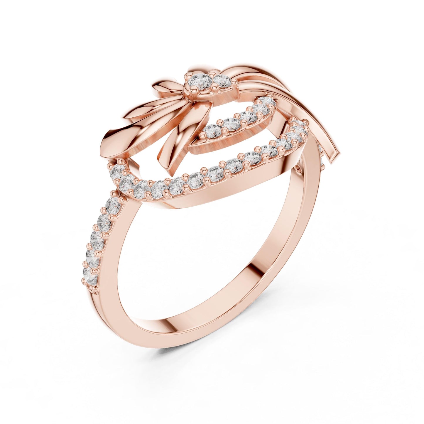 Rose gold floral swirl moissanite diamond ring with vintage leaf design, perfect as an engagement or promise band for women.