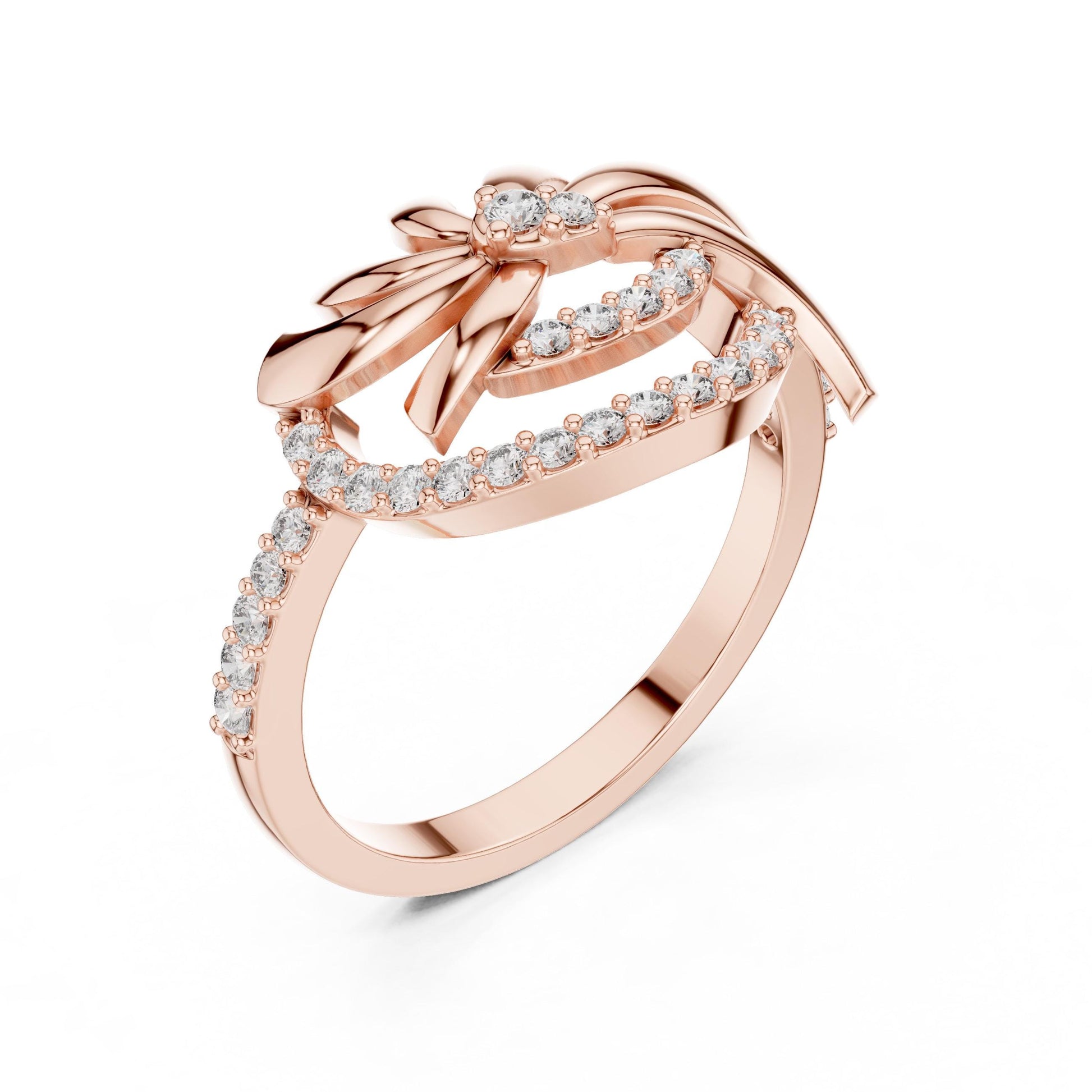 Rose gold floral swirl moissanite diamond ring with vintage leaf design, perfect as an engagement or promise band for women.