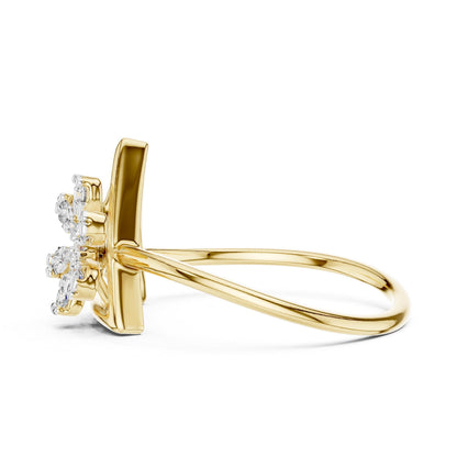 Riora moissanite flower triangle ring with geometric floral design, rose gold band, minimalist style, diamond accents visible in the image.