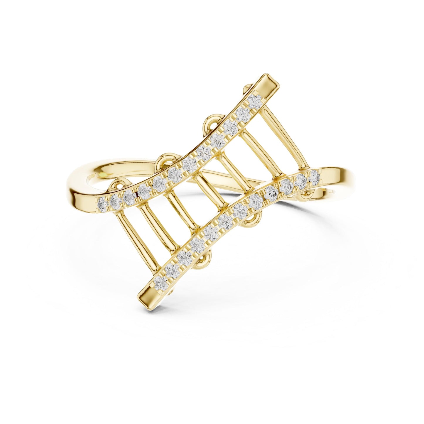 Rose gold curved Moissanite crossover ring with open ladder design, minimalist statement band by Riora