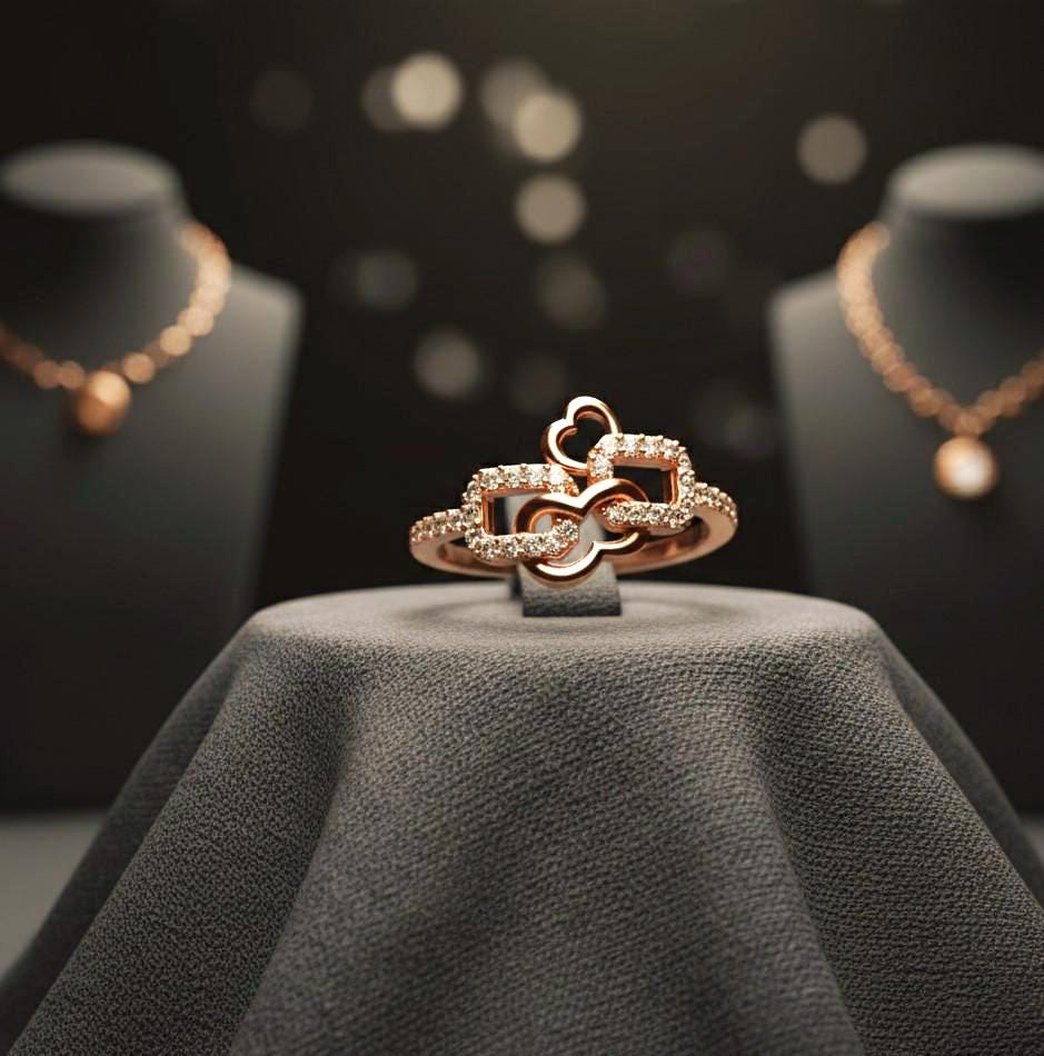 Riora Moissanite diamond double heart buckle ring with romantic, minimalist love design featuring sparkling stones and sleek band.