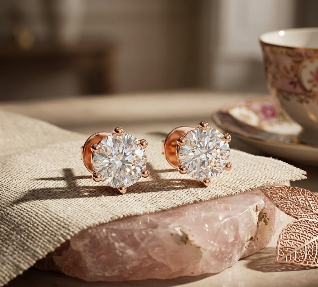Riora moissanite diamond stud earrings in rose gold, minimalist dainty jewelry perfect for everyday wear or bridal occasions.