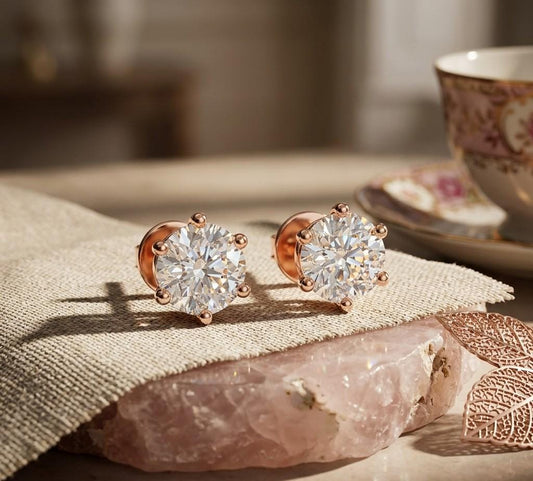 Riora moissanite diamond stud earrings in rose gold, minimalist dainty jewelry perfect for everyday wear or bridal occasions.