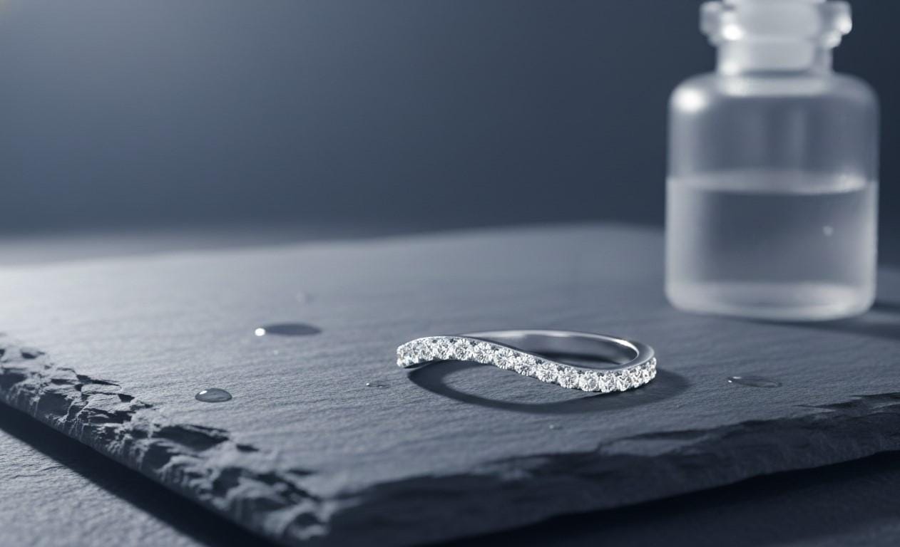Riora moissanite curved wedding band in gold, nickel-free hypoallergenic ring with minimal diamond accents, perfect for stacking jewelry.