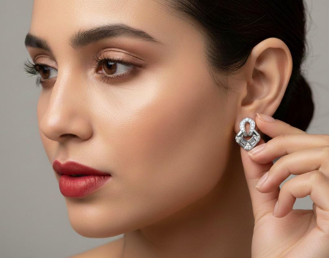 Riora moissanite stud earrings in gold, rose, and silver, featuring diamond-like pendants and hypoallergenic nickel-free design.
