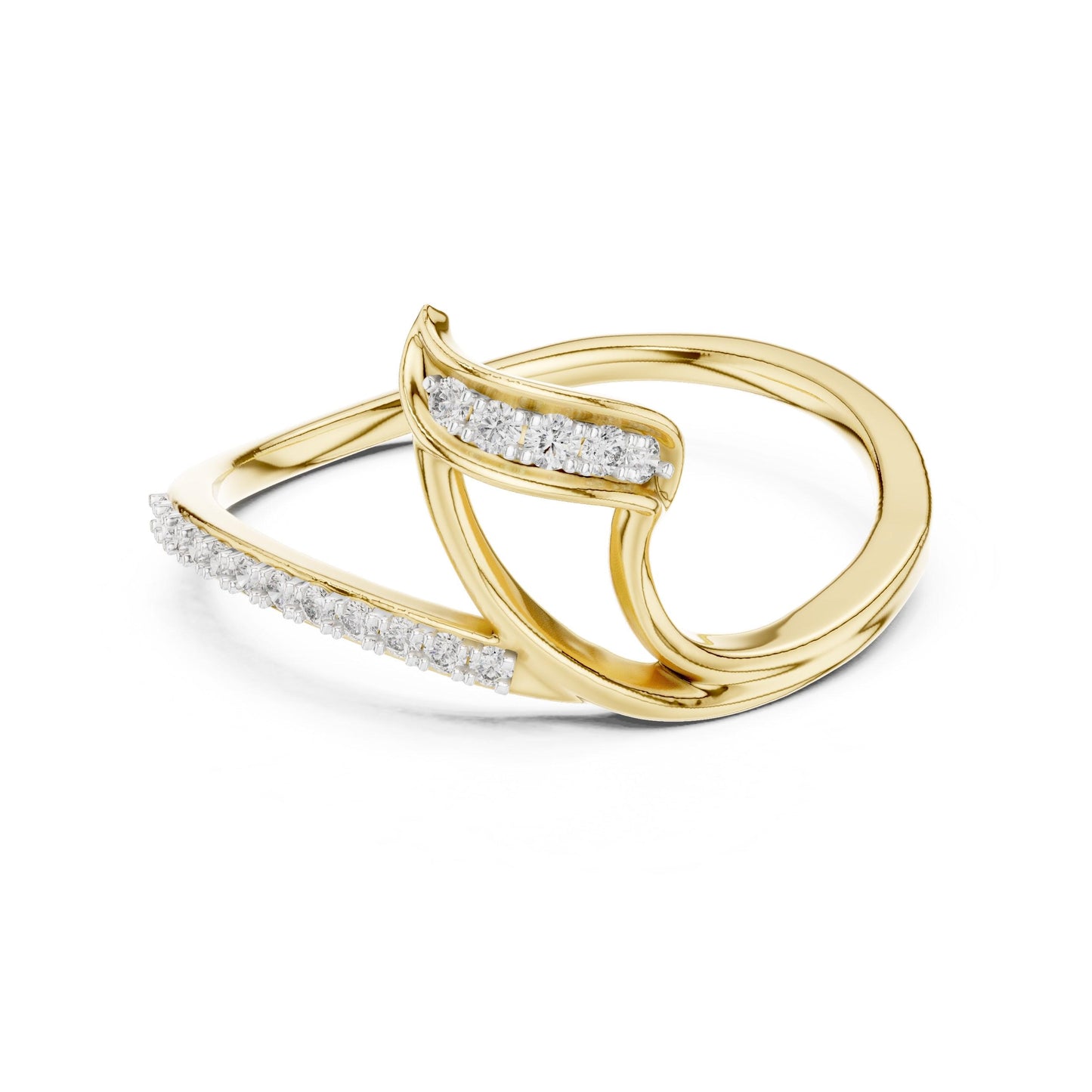 Riora elegant moissanite wave ring with open band in gold, rose gold, and silver, featuring a minimalist stacking jewelry design