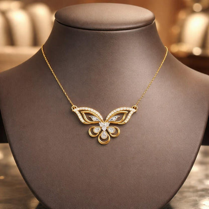 Rose gold butterfly moissanite necklace with elegant pendant and adjustable chain, perfect for bridal and luxury jewelry settings.