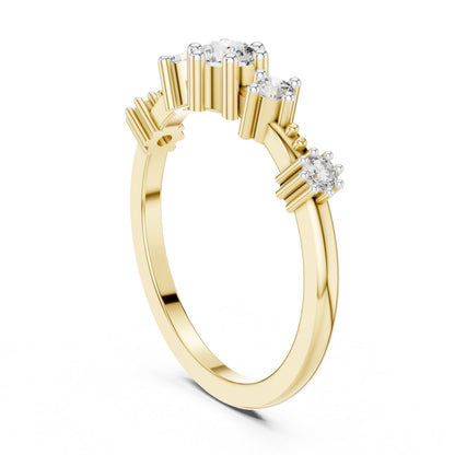 Riora vintage moissanite five-stone ring with crown prong setting, rose gold band, minimalist design for women’s engagement or anniversary.