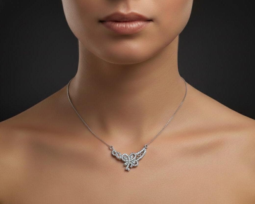 Riora luxury butterfly moissanite diamond necklace with rose gold pendant, elegant bridal jewelry for women.