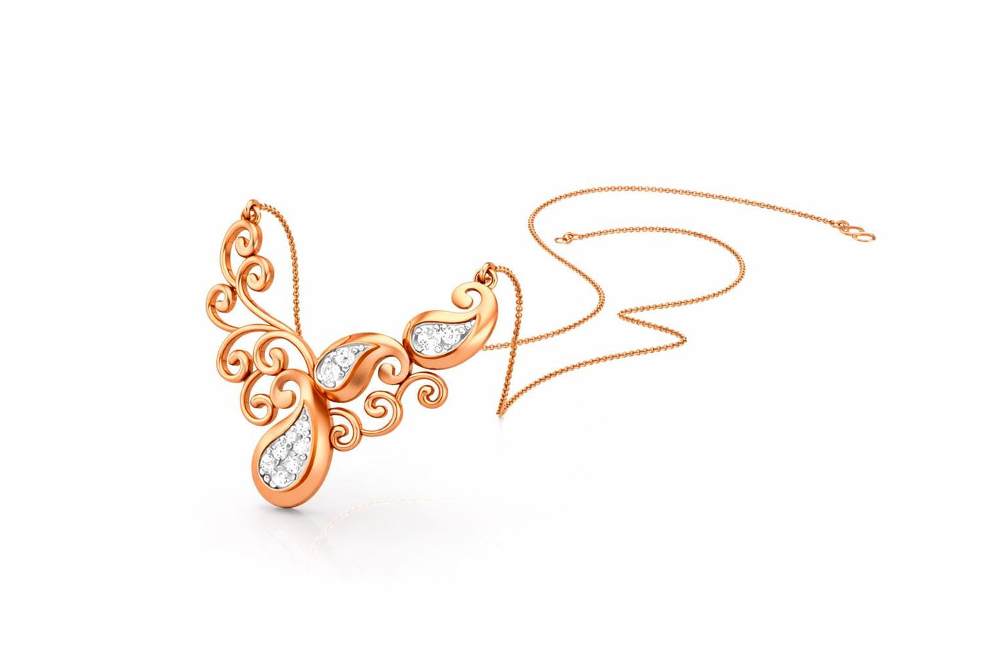 Moissanite scroll necklace in rose gold, vintage style pendant, elegant jewelry for bridal or special occasions.