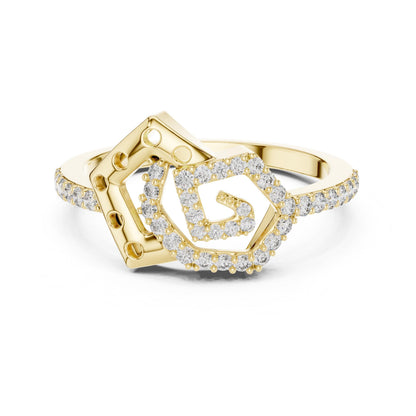 Gold and silver geometric CZ ring featuring a statement band design, ideal for engagement or promise jewelry for women.