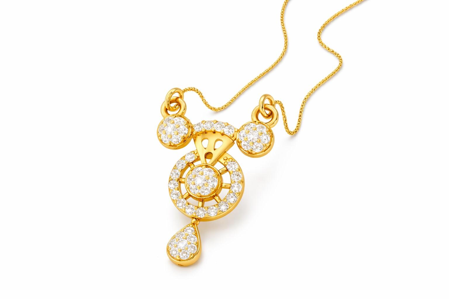 Riora moissanite halo drop necklace with gold, rose gold, and silver options featuring a sparkling diamond look pendant for wedding jewelry