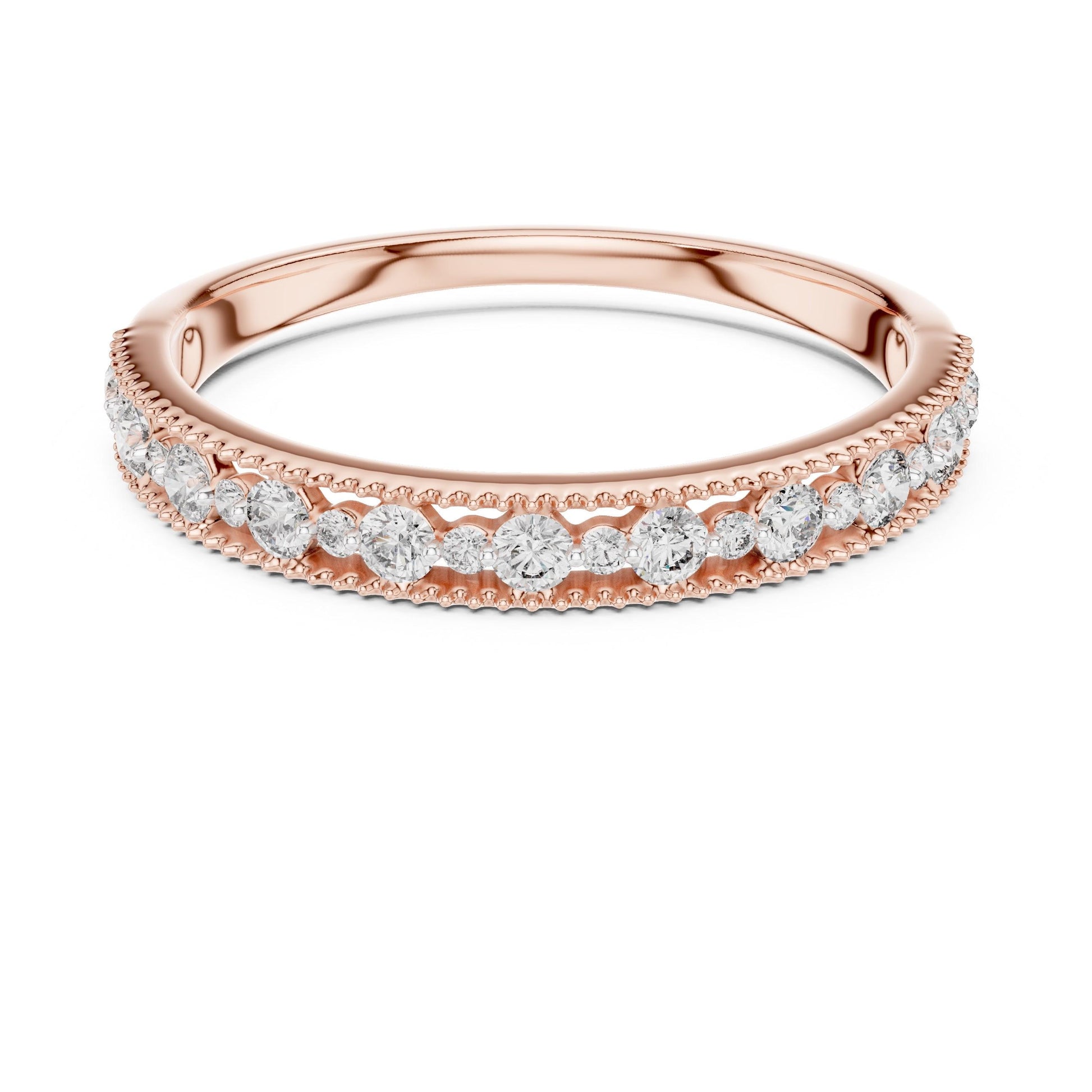 Riora moissanite eternity wedding band in rose gold, silver, and gold stackable rings with sparkling stones for anniversary or bridal.