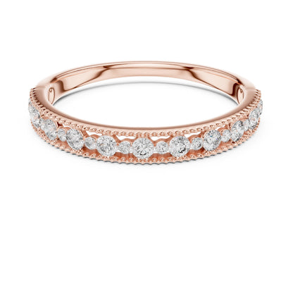 Riora moissanite eternity wedding band in rose gold, silver, and gold stackable rings with sparkling stones for anniversary or bridal.