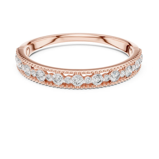 Riora moissanite eternity wedding band in rose gold, silver, and gold stackable rings with sparkling stones for anniversary or bridal.