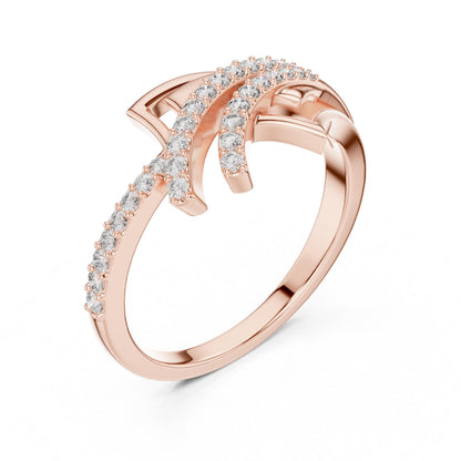Dainty rose gold Moissanite wave ring by Riora featuring a minimalist design, perfect as a stacking or wedding band for women.