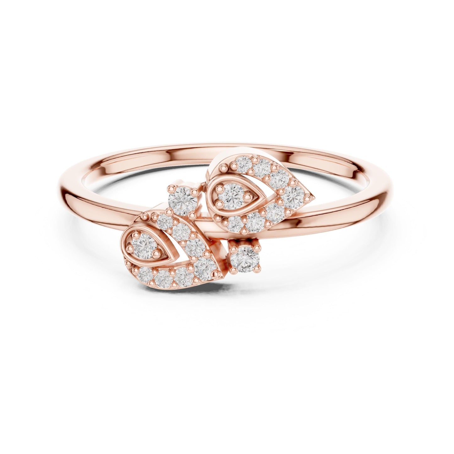 Gold rose gold leaf ring with sparkling moissanite diamonds, inspired by nature, perfect for engagement or bridal jewelry by Riora.