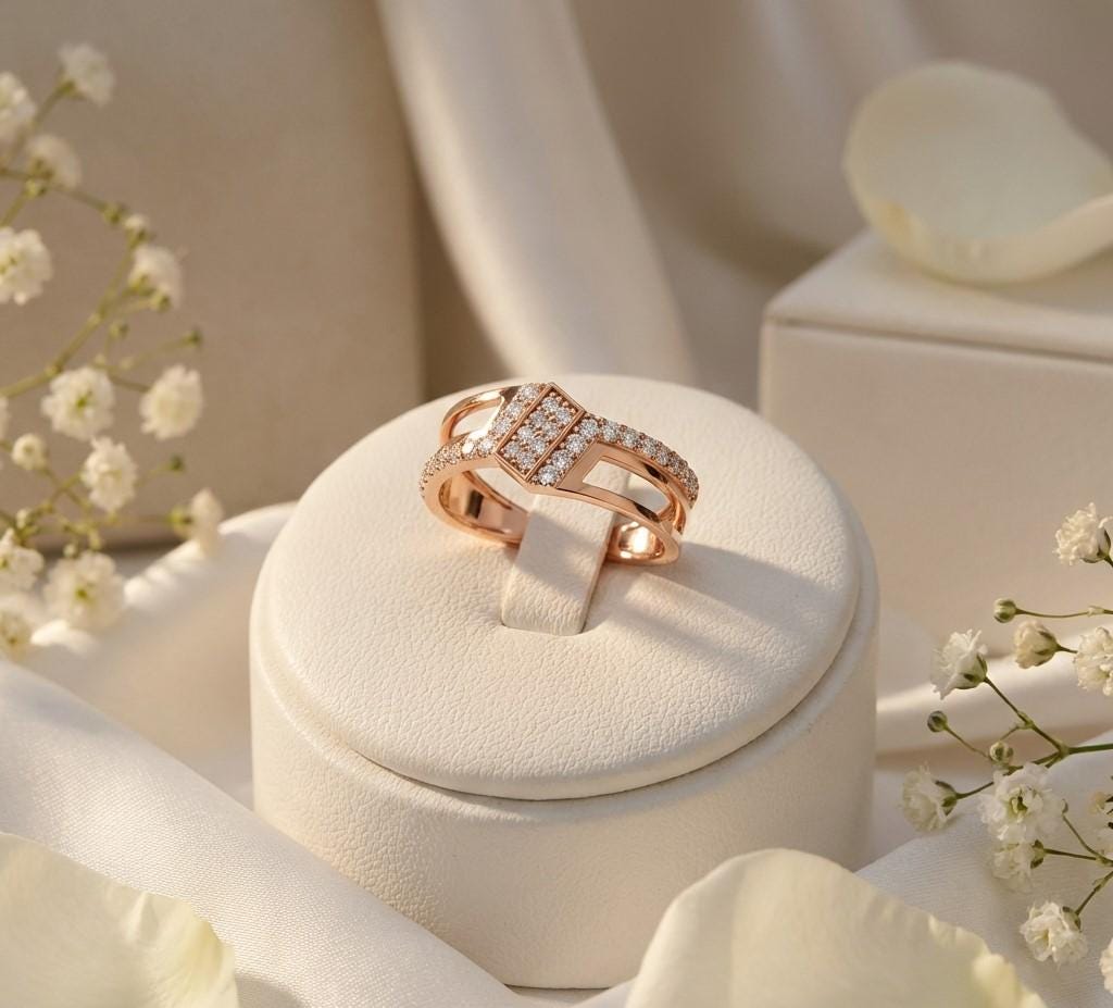 Riora modern CZ split shank geometric ring with gold and silver finish, featuring statement design and promise band style.