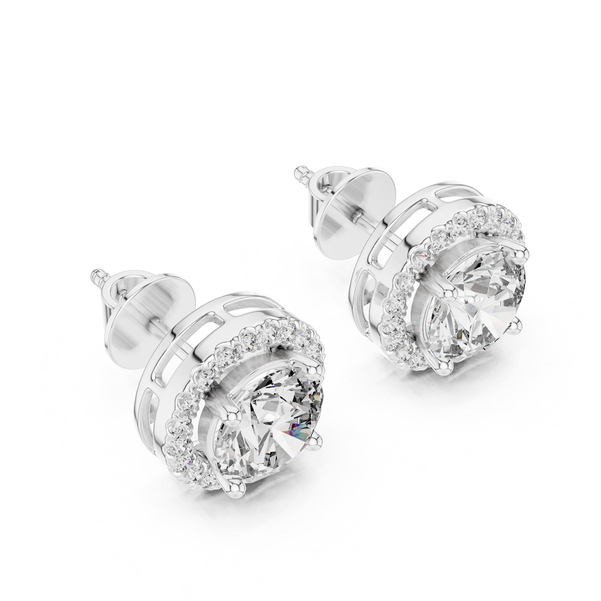 Riora halo moissanite diamond stud earrings in gold, rose, and silver with minimalist bridal design, perfect for elegant jewelry.