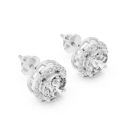 Riora halo moissanite diamond stud earrings in gold, rose, and silver with minimalist bridal design, perfect for elegant jewelry.