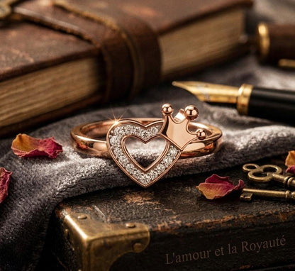 Rose gold Royal Heart Crown Ring with moissanite, princess band design, romantic style, perfect gift for her by Riora.