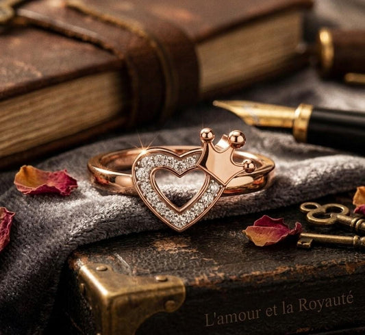 Rose gold Royal Heart Crown Ring with moissanite, princess band design, romantic style, perfect gift for her by Riora.