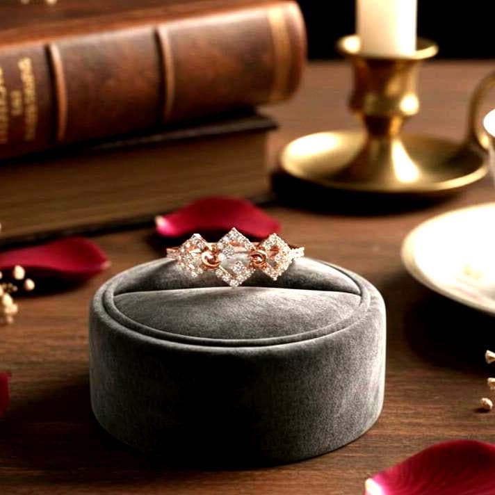 Vintage-inspired moissanite diamond halo ring in rose gold with art deco design, perfect as an engagement or bridal promise band.