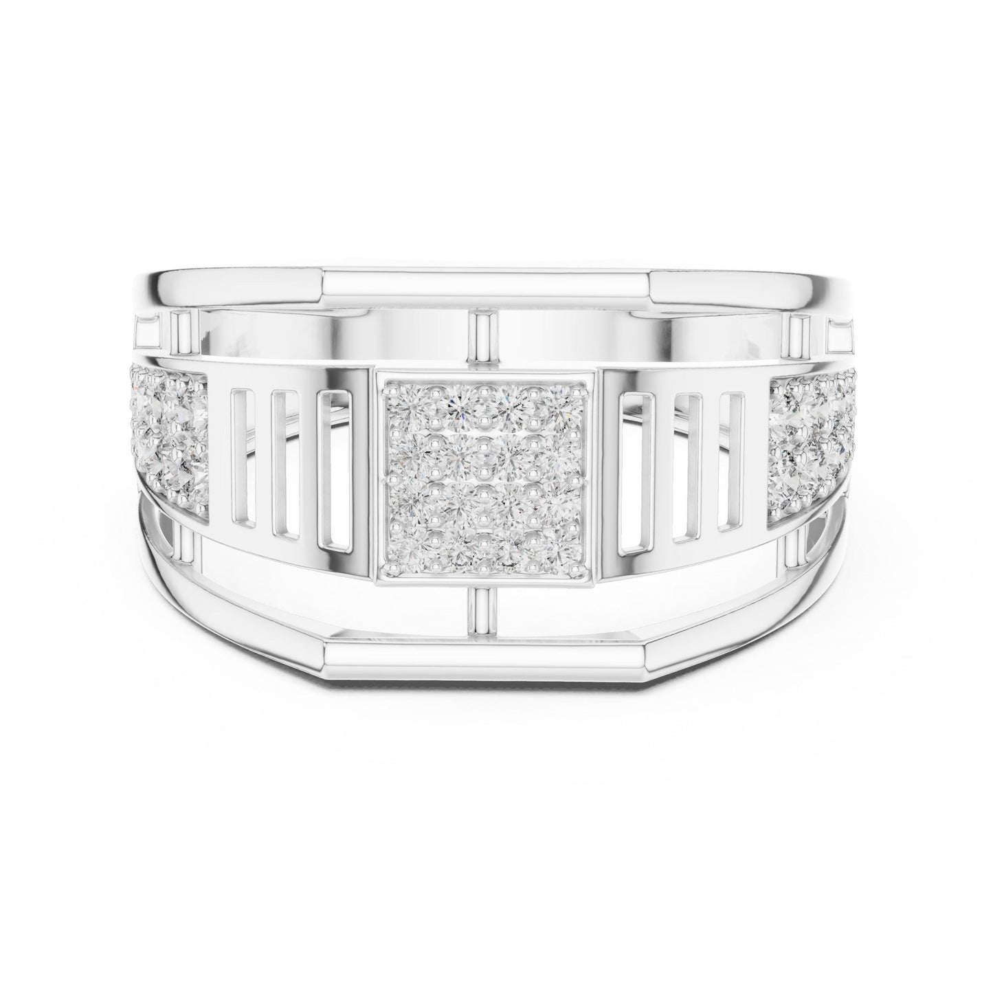 Men’s gold rose silver CZ statement ring with wide band, hypoallergenic fashion jewelry by Riora, featuring a bold design.