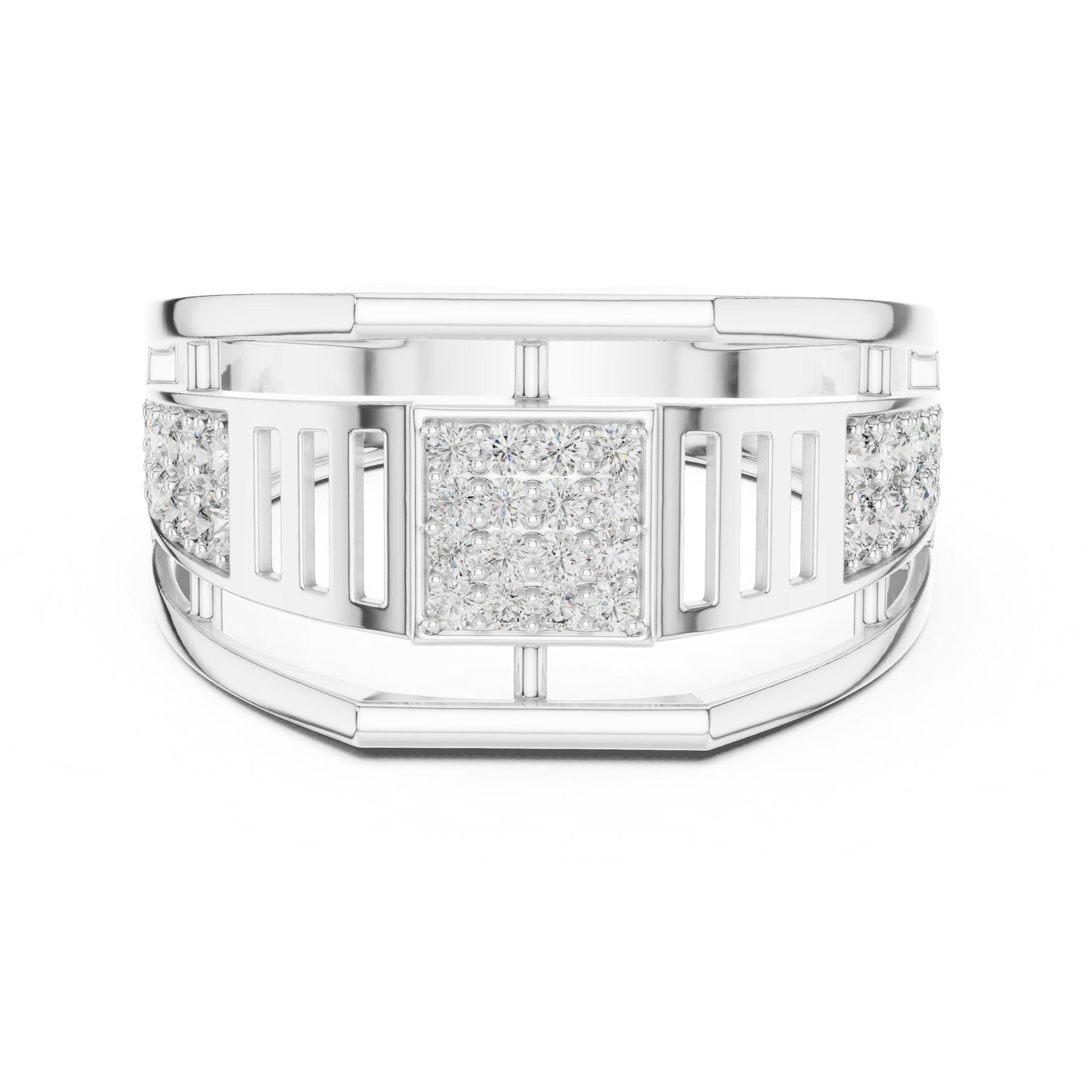 Men’s gold rose silver CZ statement ring with wide band, hypoallergenic fashion jewelry by Riora, featuring a bold design.