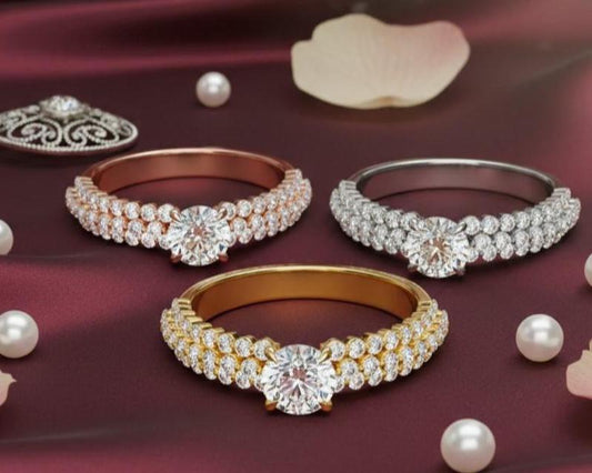 Cubic Zirconia Engagement Ring – Triple Pavé Band | Gold, Rose Gold & Silver