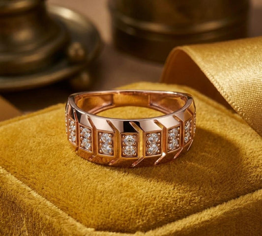Riora gold rose chunky CZ geometric band ring with hypoallergenic modern design, suitable for wedding or anniversary gift.