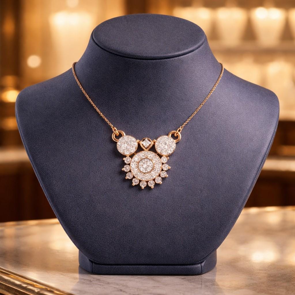 Riora Moissanite statement necklace with gold pendant, rose gold finish, silver band, diamond-like sparkle, perfect for bridal jewelry