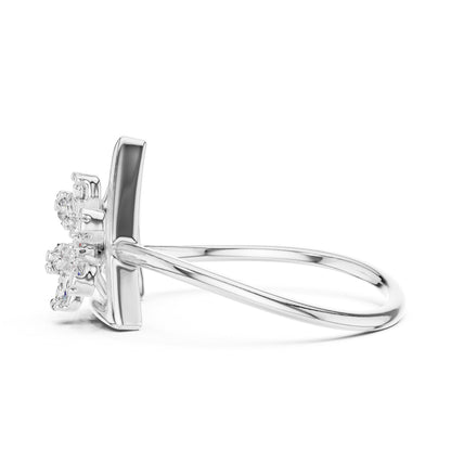 Riora Moissanite flower triangle ring with gold rose gold band, featuring geometric floral design and minimalist diamond style.