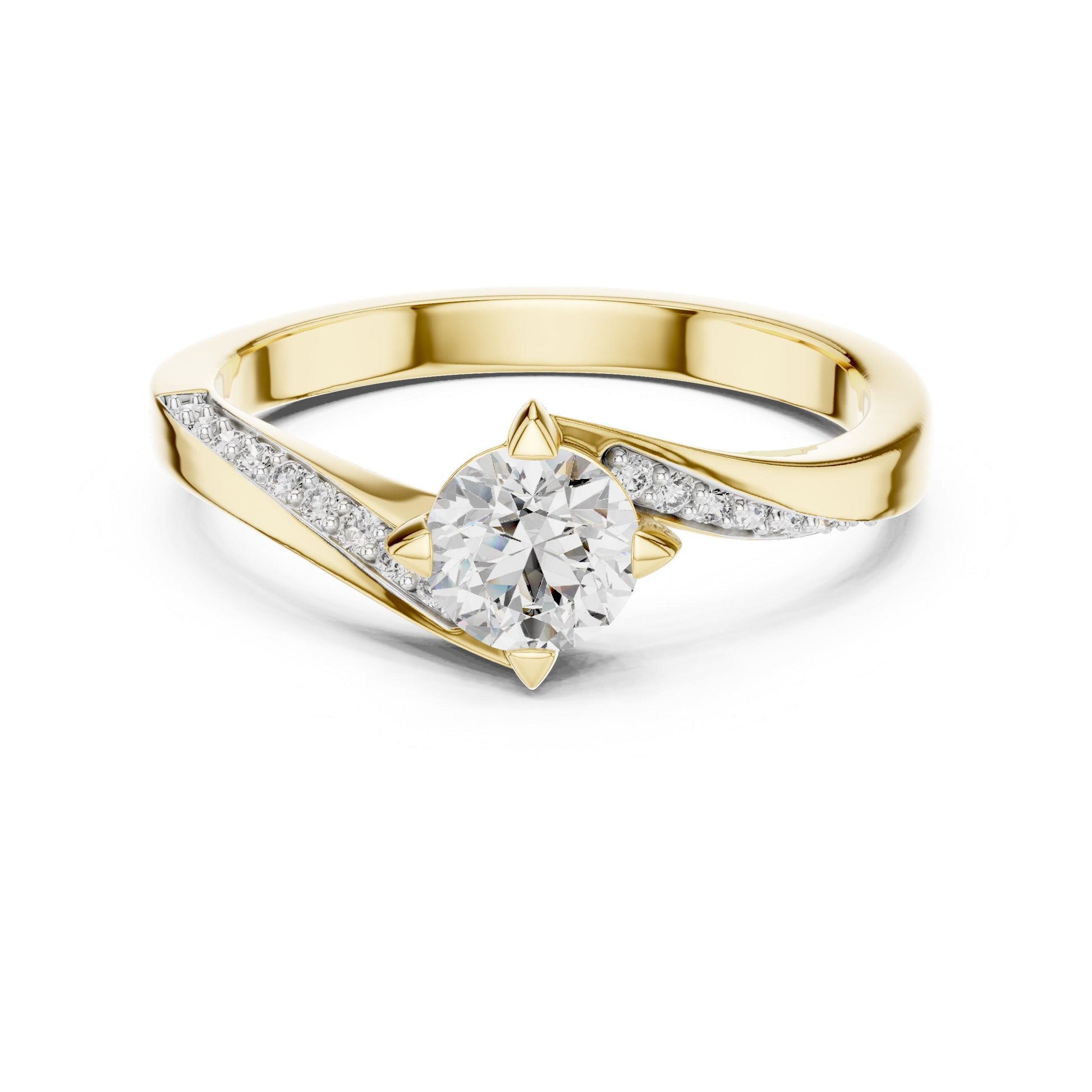 Riora twisted moissanite diamond engagement ring with round cut stones, elegant promise band for women, unique wedding ring design.