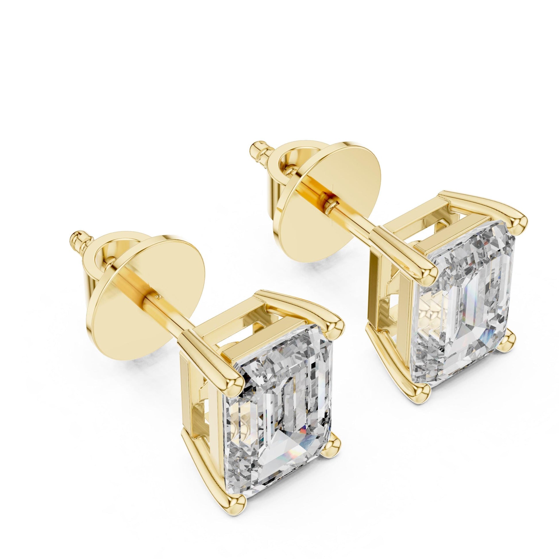 Emerald cut moissanite diamond stud earrings by Riora, 7.5x5.5mm, minimalist bridal jewelry for wedding or everyday luxury.