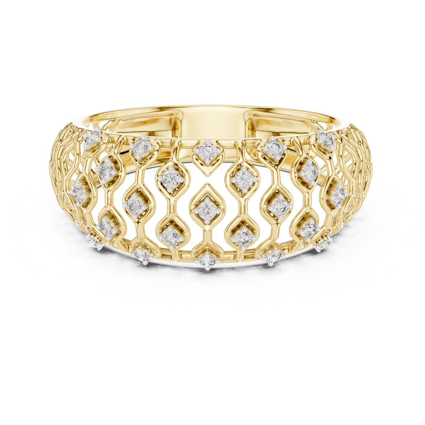 Rose gold moissanite wide wedding band with lattice design, diamond look, luxury bridal jewelry by Riora