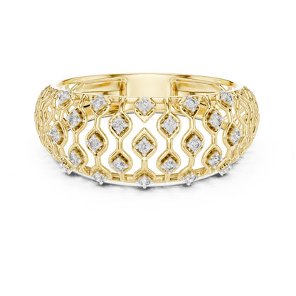 Rose gold moissanite wide wedding band with lattice design, diamond look, luxury bridal jewelry by Riora